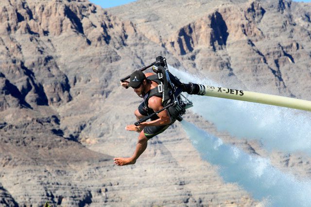 Water Jet pack pilot Chris Wilson flies at Jetpack America Las Vegas